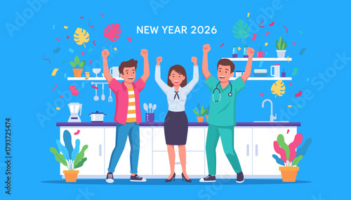 Diverse professionals celebrate New Year 2026 success with joyful hands raised in a modern kitchen
