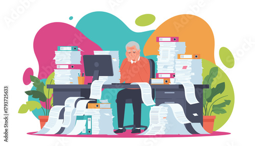 Stressed older man buried under paperwork mountains symbolizing excessive bureaucracy and office stress