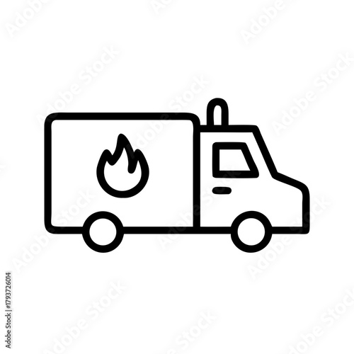 A stylized illustration of a fire truck with a fire symbol on its side. It's depicted in a simplified, graphic style