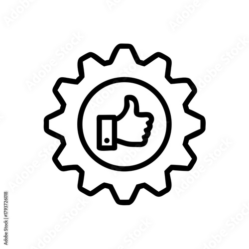 An illustrated gear with a thumbs-up inside symbolizing approval. It represents processes and positive feedback
