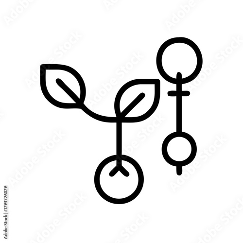 A stylized outline drawing of two plants, one flourishing with leaves, the other with a seed, symbolizing growth and life