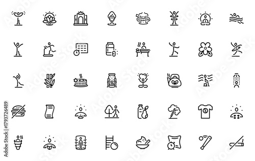 Wellness Line Craft_7164 icon set. Minimal vector icns pack. Features symbols or meditation, yoga, spa teatments, fitness, nutritin, self-care and more. Ediable stroke.