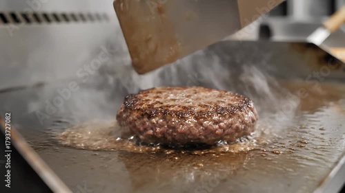 Flipping Burger on Griddle With Metal Spatula