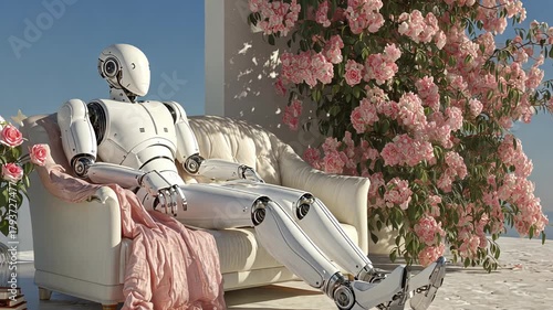 Futuristic AI Robot Enjoys Relaxation Amidst Spring Flowers in a Modern, High-Tech Home Decor Setting