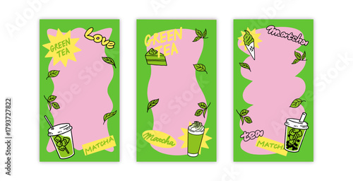 抹茶や茶葉のポップなInstagramストーリー用テンプレート3点セット - 縦型SNSフレーム（コピースペース付き）Set of 3 matcha green tea Instagram story templates - vertical social media frames with copy space