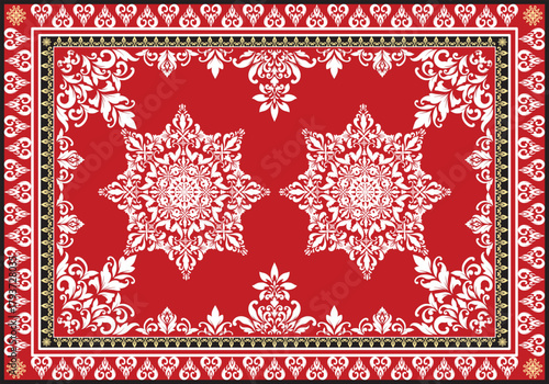 Red ornate Persian-style rug with two symmetrical white floral medallions and intricate decorative borders.