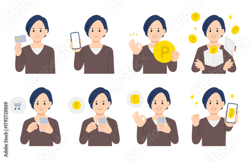クレジットカードやスマホで買い物をする･ポイントを貯める中年女性のセット【人物ベクターイラスト素材】