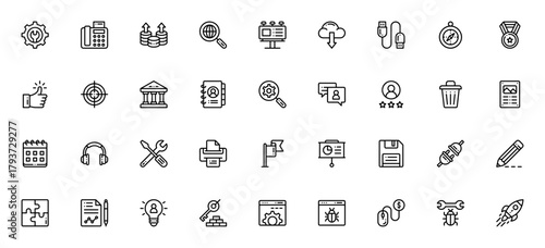 Marketing & SEO icon set. Business vector icons. Incudes symbols for settings,search engine, PPC, target browser, chat, calendar, resentation and more. Editble stroke.