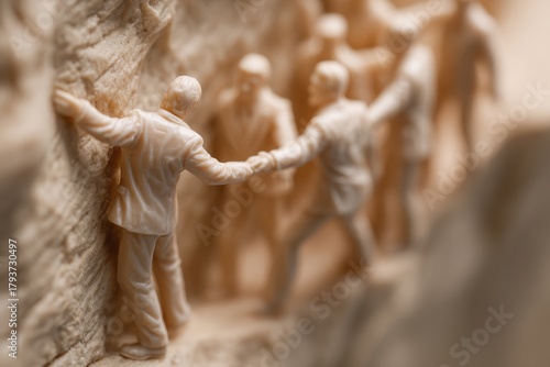 A detailed sculpture of businessmen helping each other climb a rocky cliff, symbolizing teamwork