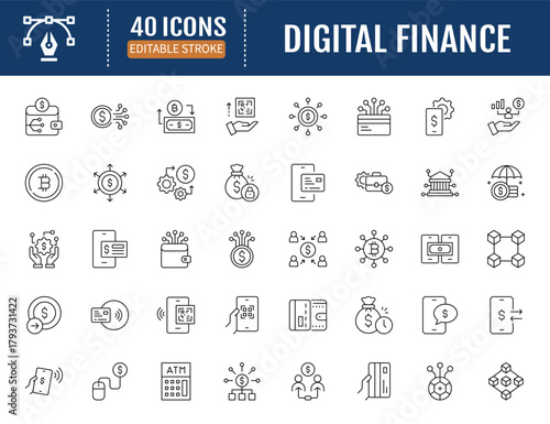 Digital finance icon set. Vector Illustration with Editable Strokes