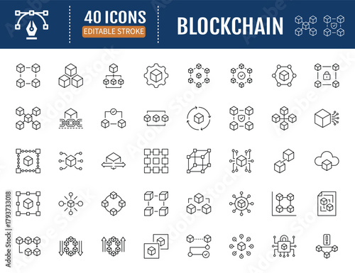 Blockchain technology icon set. Vector Illustration with Editable Strokes