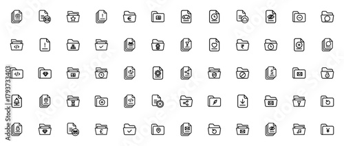 Files and folders icon set. Minimal linear vector icns pack. Includes file, foder, add file, document, dta, storage, management an more. Editable stroke.
