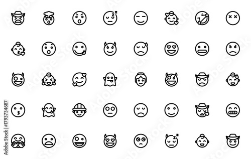Smiley and people icon set. Vector emoji collection.Includes sad, angry, laughng, love, ghost, cowboy, srprised, kissing and more.Editable stroke.