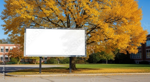 A blank billboard stands in front of a large tree with golden autumn foliage, with buildings and a green lawn in the background.