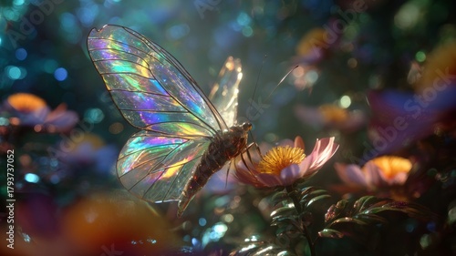 Ethereal butterfly on dewy blooms at dusk. AI image
