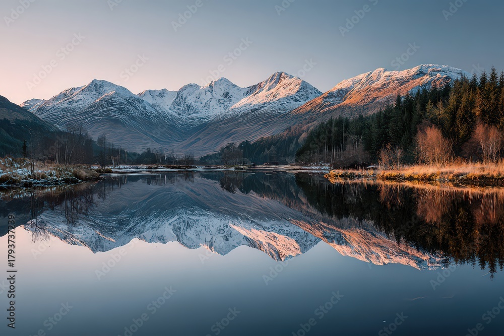 Obraz premium Scenic Mountain Range Reflecting on Calm Lake with Snow Capped Peaks and Evergreen Trees at Dusk