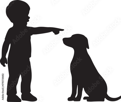 A little boy pointing and playing with dog vector side view silhouette vector