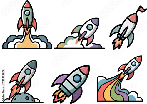 Dynamic rocket clipart launching with flames and colorful trails