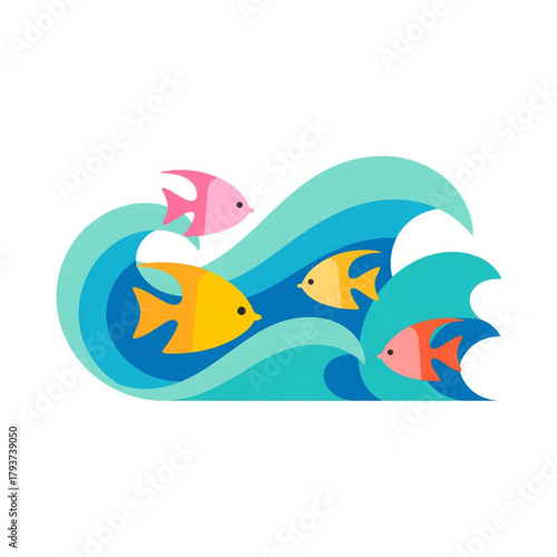 Stylized colorful fish swimming together through playful blue and teal ocean waves. Vector illustration.