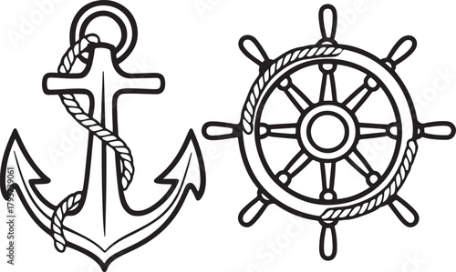 Nautical anchor and ship steering wheel  design silhouette vector illustration