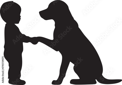  A toddler little boy handshake with dog isolated silhouette vector.