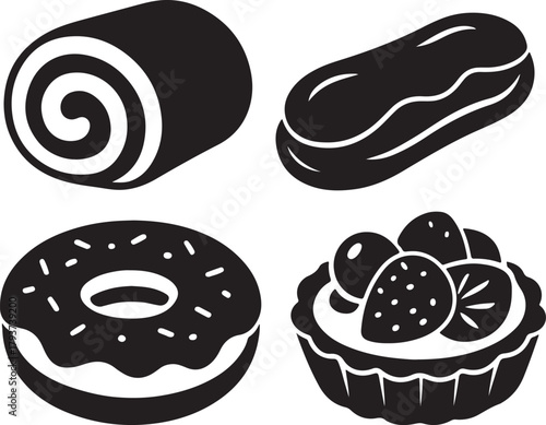 bakery desserts vector with cake roll eclair donut and fruit tart silhouette vector