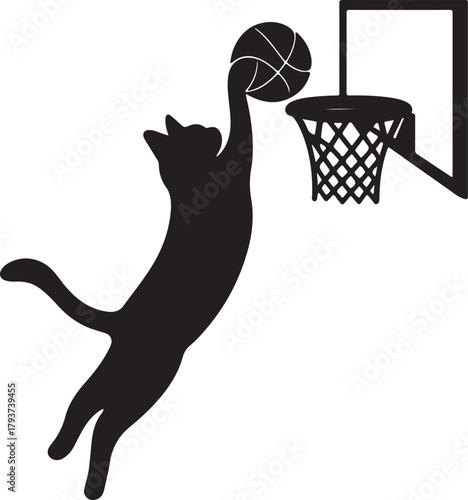 cat jumping to dunk a basketball into a hoop silhouette vector