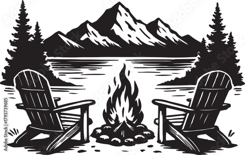 hairs by a campfire with mountain lake scenery silhouette vector