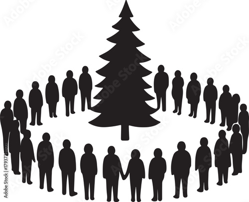 Group people circle gathering Christmas tree vector silhouettes vector
