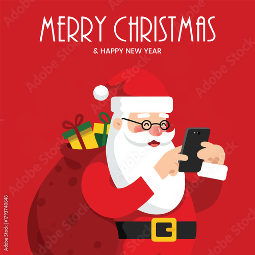 Modern Santa Claus Wearing Glasses and Checking His Phone with a Sack of Gifts, Merry Christmas and Happy New Year