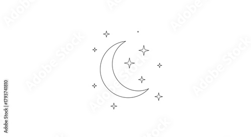 Illustration of a crescent moon surrounded by a scattering of stars