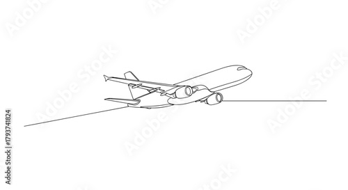A minimalist line drawing of an airplane taking off from the ground