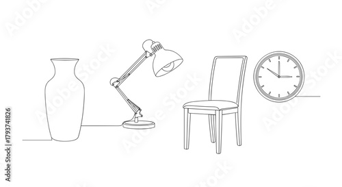 Illustration of a vase lamp chair and clock in a line drawing style