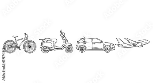 Line drawing of bicycle scooter car and airplane in black and white