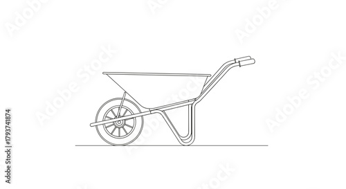 Line drawing of a wheelbarrow with a single wheel and metal frame