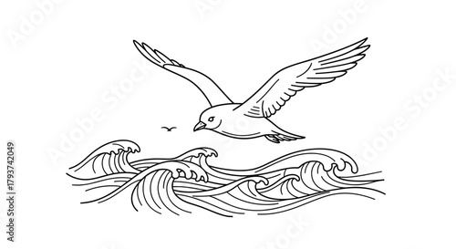 Seagull flying over ocean waves with a smaller bird in the distance