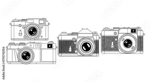 Illustration of four vintage cameras in a line art style on white background
