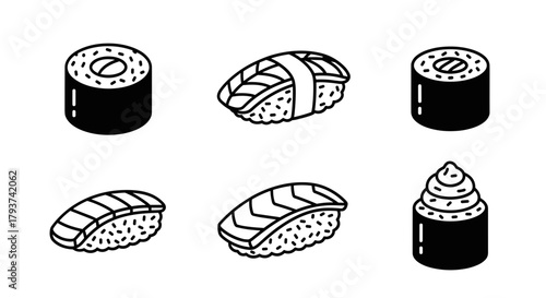 Illustration of six pieces of sushi in black and white line art style