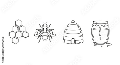 Illustration of honeycomb bee beehive and honey jar in black and white