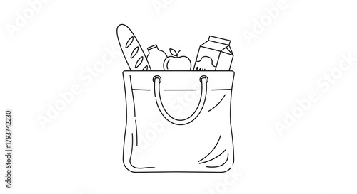 Sketch of a tote bag filled with groceries including bread and milk