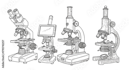 Illustration of four different microscope designs in black and white