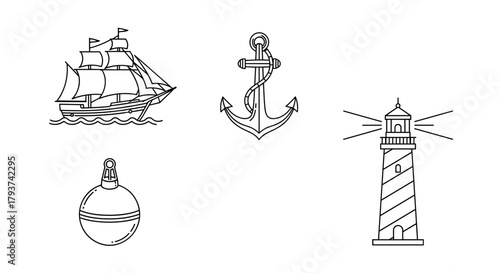 Illustration of a sailboat anchor buoy and lighthouse in black outline