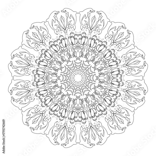 Sea Life Mandala - Dolphin- Codium fragile- Intricate Coloring Page for Adults & Teens 3 Sea Life Mandala Collection
