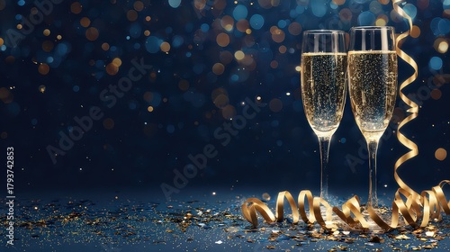 Two Champagne Glasses With Bubbles Gold Streamers And Glitter On A Dark Blue Background Festive Celebration