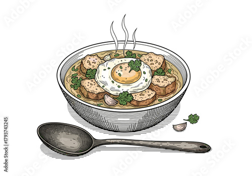 Vintage drawing of Açorda, traditional Portuguese soup for a restaurant menu or food blog design