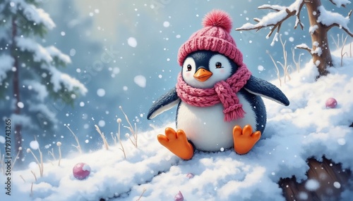Cute penguin character in winter hat for Christmas greeting card and festive kids design