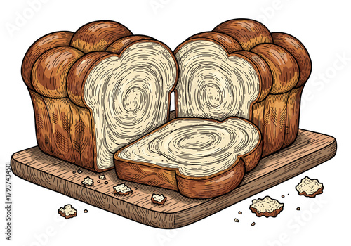 Sliced Brioche bread on cutting board, a vintage illustration for bakery branding or packaging