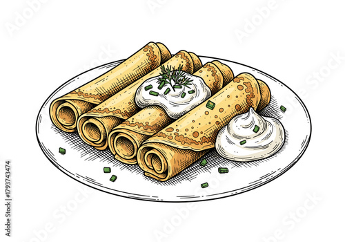Traditional cheese blini with sour cream for a Slavic restaurant menu or Maslenitsa design
