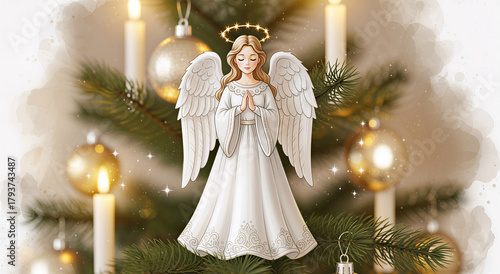 Beautiful angel tree topper illustration for Christmas greeting cards and religious decoration