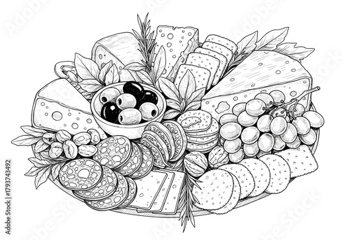 Charcuterie board sketch for restaurant menu design and gourmet food packaging